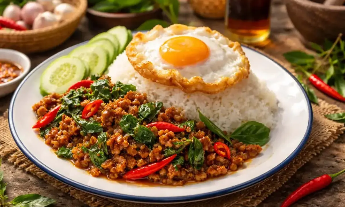 En tallrik med ris, stekt ägg och kryddig pad kra pao med köttfärs, chili och basilika. Serveras med gurkskivor.