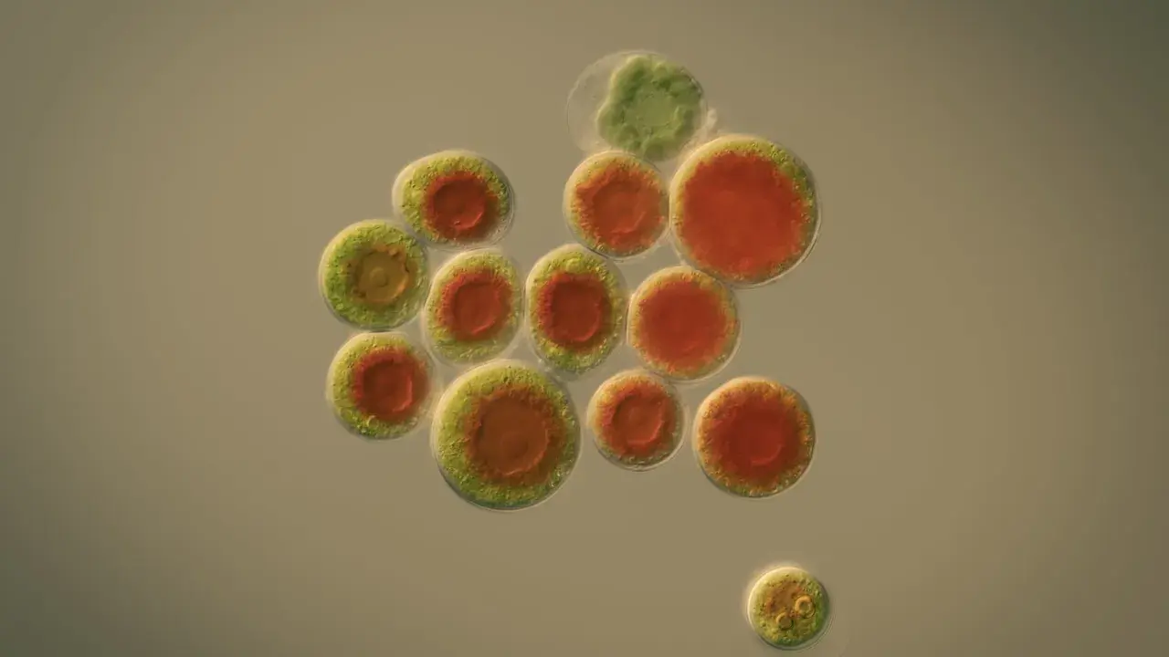 Mikroskopisk bild av Haematococcus pluvialis-alger, rika på astaxantin. Forskning på dessa alger kan leda till nya hälsofördelar.