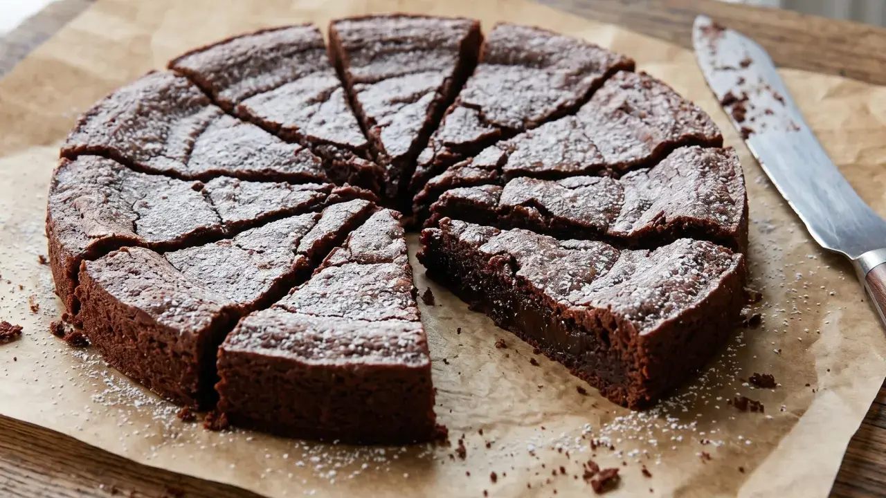 En saftig kladdkaka, pudrad med florsocker, redo att avnjutas. Ett perfekt kladdkaka recept för alla chokladälskare.