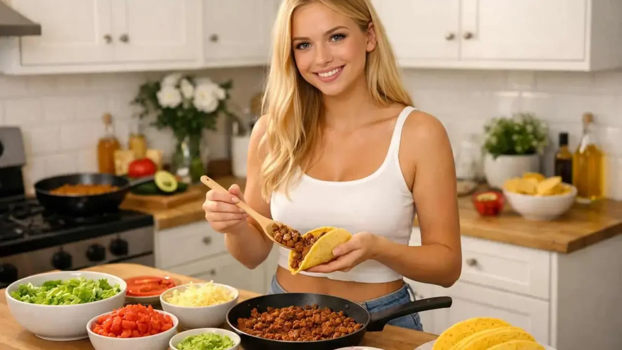 Glad kvinna förbereder tacos med en sked fylld med köttfärs. Runt henne finns skålar med sallad, tomat, ost och lök – allt för ett perfekt tacos recept.