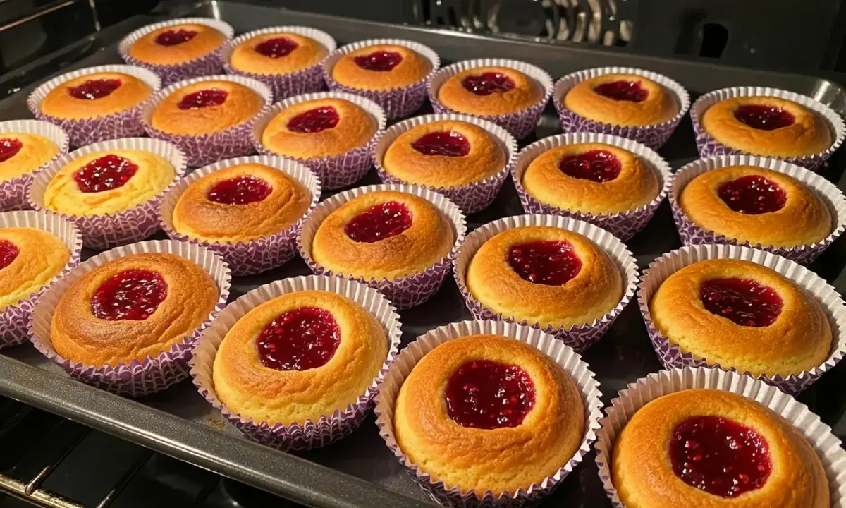 Nybakade hallongrottor i sina lila formar, redo att avnjutas. Ett perfekt hallongrottor recept för fikat.
