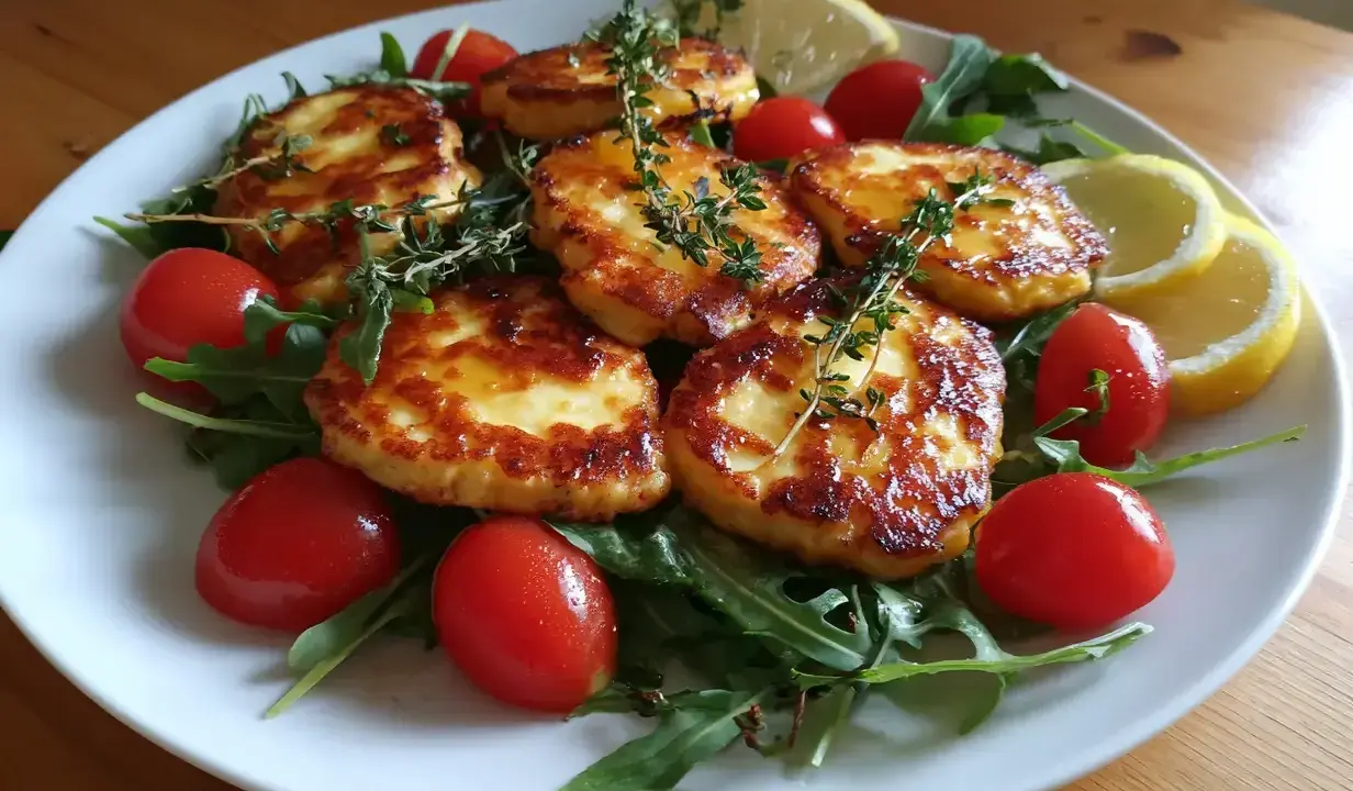 Stekt halloumi med körsbärstomater, ruccola och citron. Ett enkelt och gott halloumi recept som passar perfekt som förrätt eller lätt lunch.