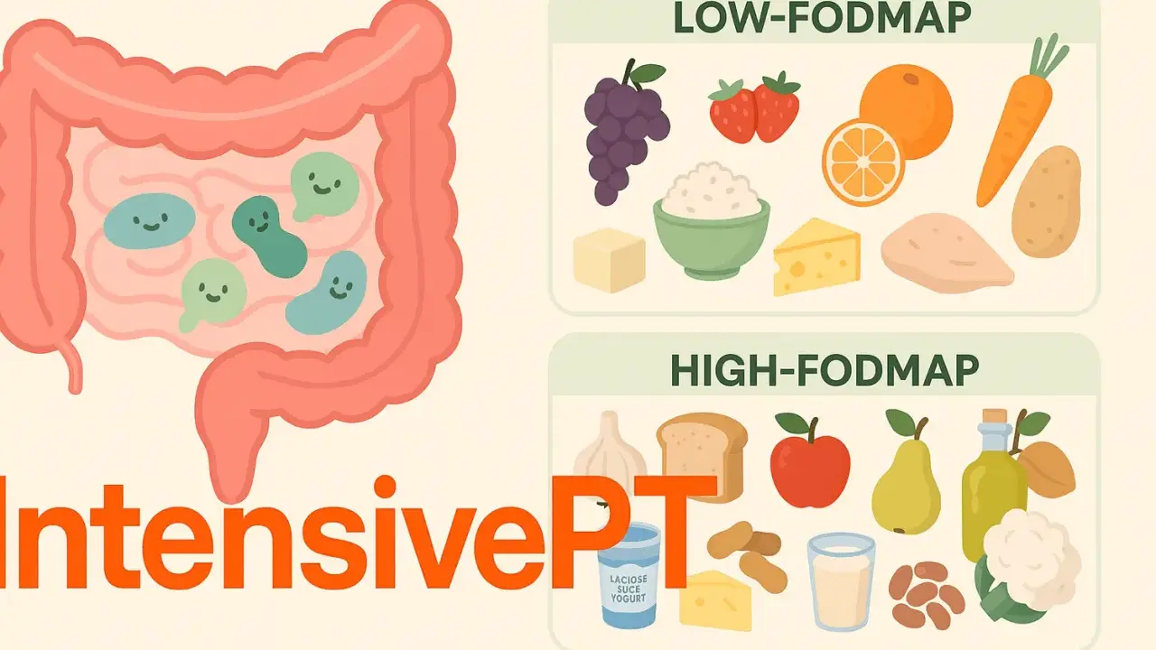 Illustration visar en tarm med glada bakterier och matlistor för low-FODMAP och high-FODMAP, relevant för personer med IBS.