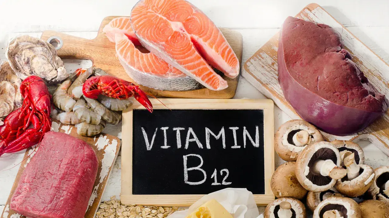 En tavla med texten "VITAMIN B12" omgiven av lax, lever, räkor, ostron, kött och champinjoner.