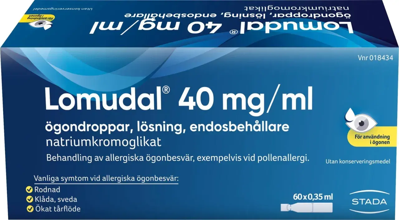 Lomudal® 40 mg/ml ögondroppar lindrar allergiska ögonbesvär, som vid pollenallergi. Denna pollenmedicin är en lösning för ögonen.