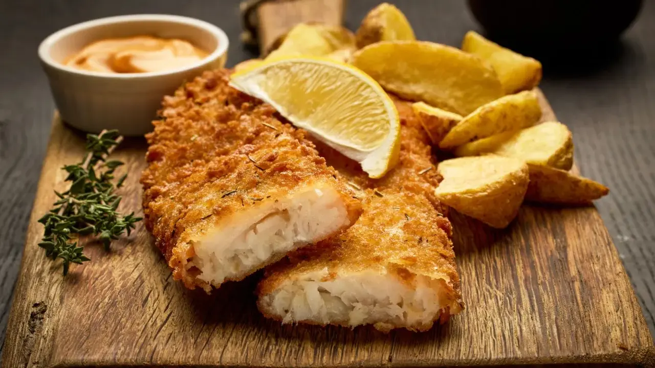 Krispigt panerad fisk med klyftpotatis, citron och en krämig dipp. En klassisk rätt som alltid går hem.