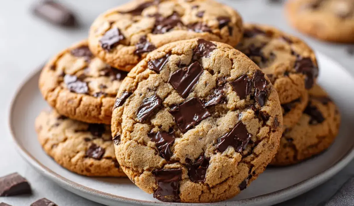 En hög med hembakade chocolate chip cookies, perfekta för ett enkelt recept.