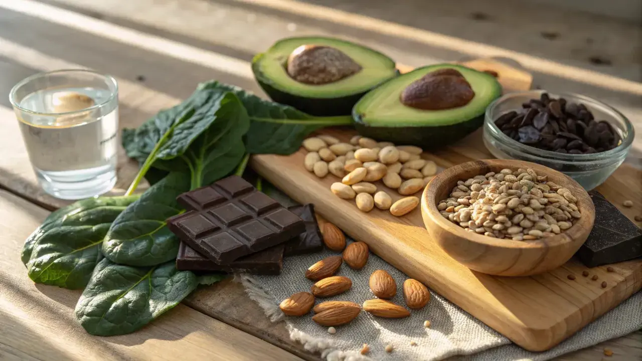 Mörk choklad, spenat, avokado, mandlar och pumpafrön – allt gott som innehåller mat magnesium.