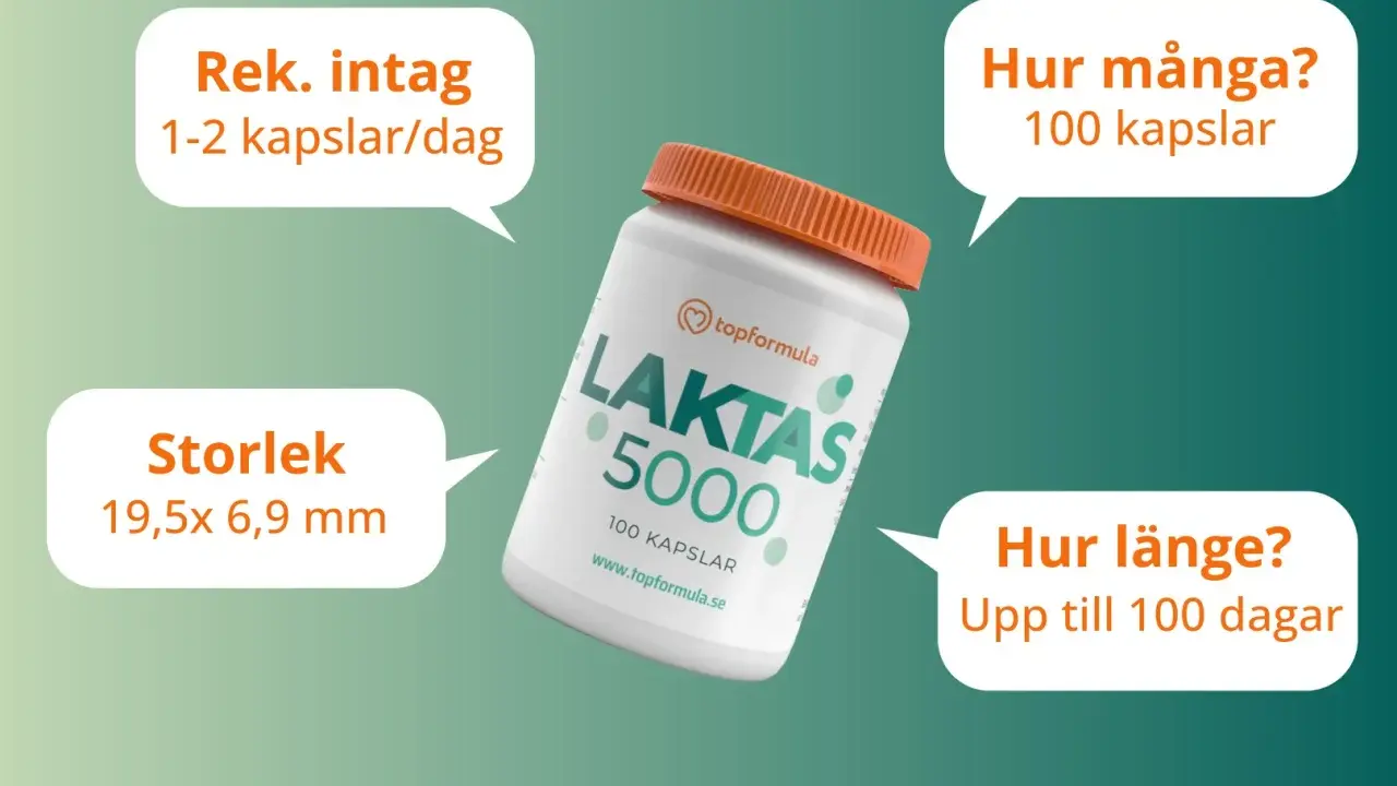 En burk med laktas tabletter, 100 kapslar. Rekommenderat intag 1-2 kapslar/dag. Storlek 19,5x6,9 mm. Räcker upp till 100 dagar.