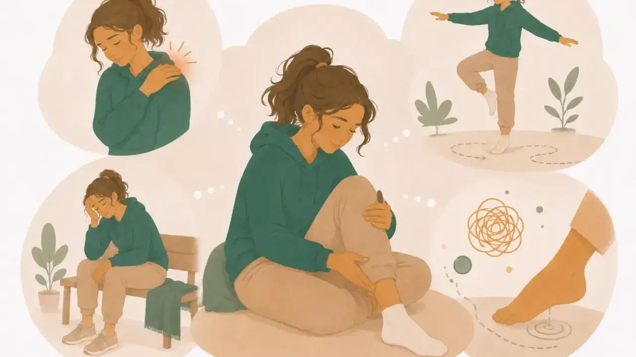 Illustration visar en kvinna med olika besvär, som axelvärk, yrsel och trötthet. Hon försöker balansera, en möjlig hantering av ibs symtom yrsel.