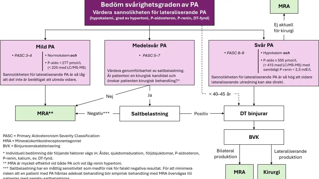 Flödesschema för bedömning av PA. Vid svår PA kan spironolakton (MRA) vara ett alternativ, men biverkningar kan förekomma.