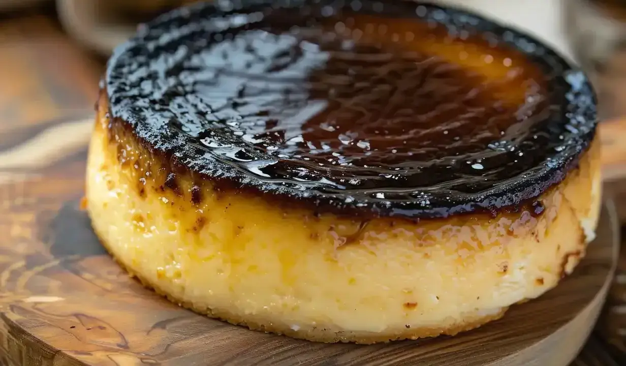 En krämig basque cheesecake med karamelliserad yta, serverad på en träskärbräda.