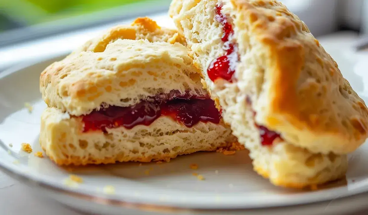 Två fluffiga glutenfria scones med sylt på en vit tallrik. Perfekt för fika.