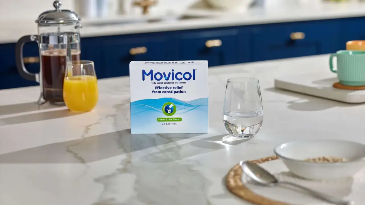 En låda Movicol med citron- och limsmak står på en köksbänk. Bredvid finns ett glas vatten, juice och en presskanna kaffe. Tänk på moxalole verkningstid för effektiv lindring.