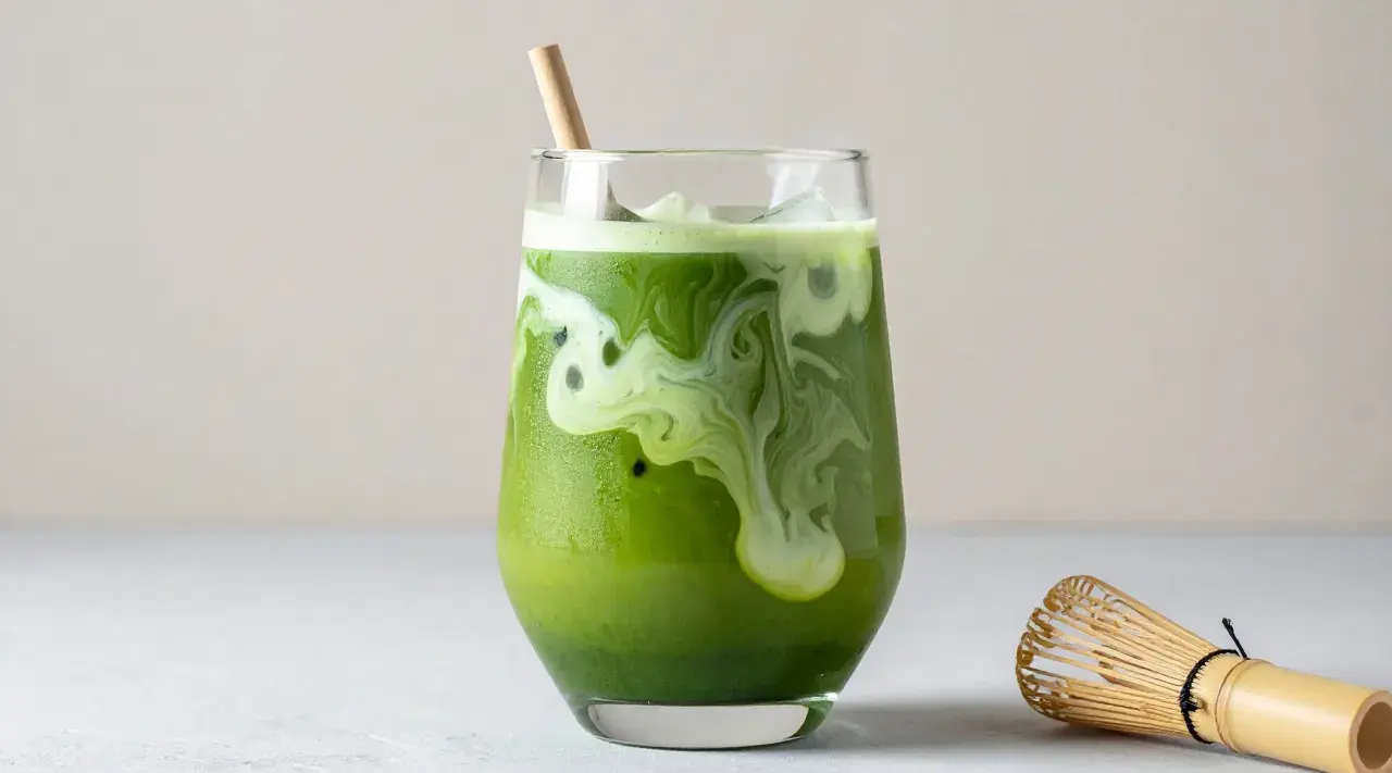 En krämig islatte med virvlande mönster, en bambuvisp bredvid. Matcha nyttigt och gott!