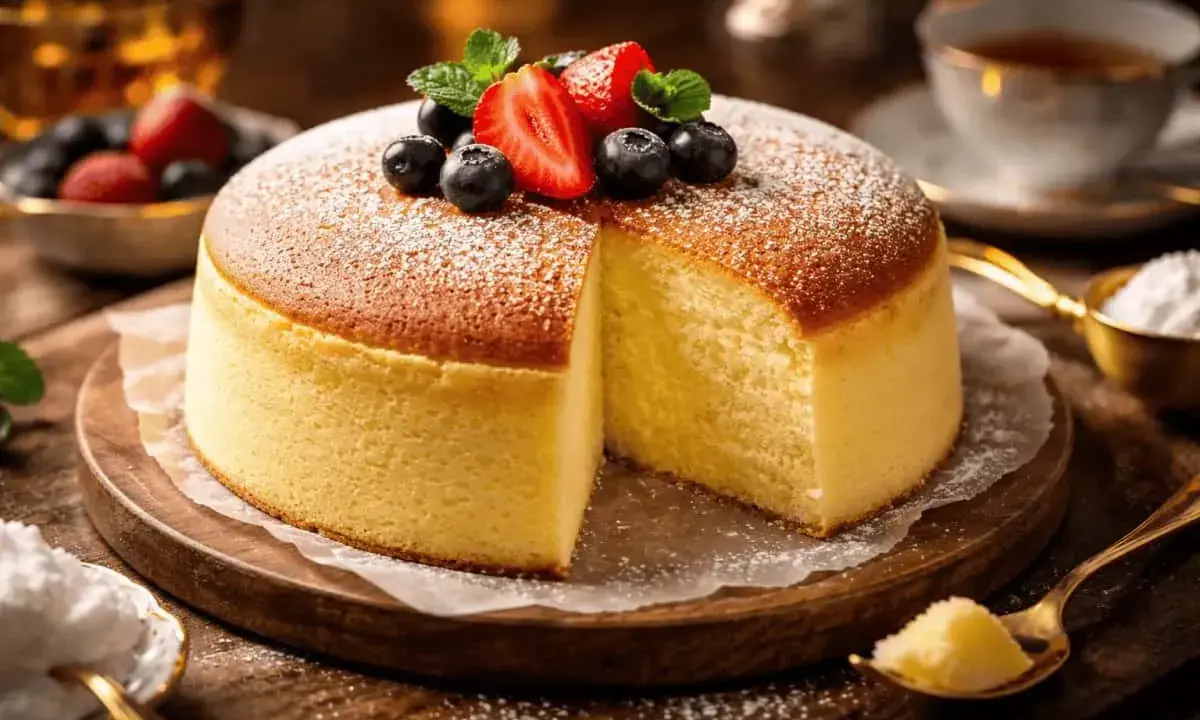 Lätt och fluffig cheesecake, perfekt för ett somrigt cheesecake recept. Toppad med färska bär och pudersocker.