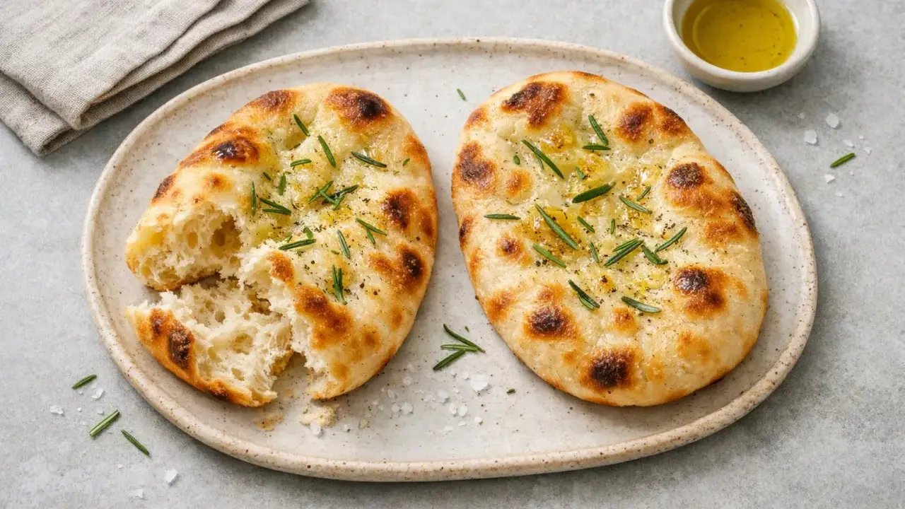 Två gyllene pinsas med rosmarin och olivolja, redo att avnjutas. Ett enkelt pinsa recept för hemmabruk.