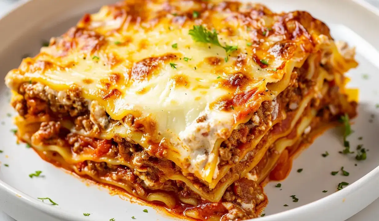 En saftig bit lasagne med köttfärssås och ost, perfekt för ett mysigt middagsrecept.