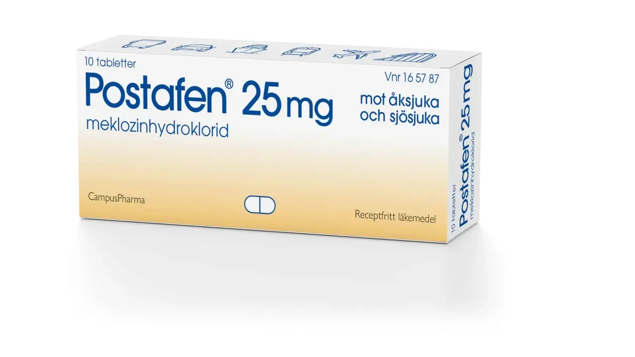Postafen 25mg, receptfritt medicin mot illamående vid åksjuka och sjösjuka. 10 tabletter.