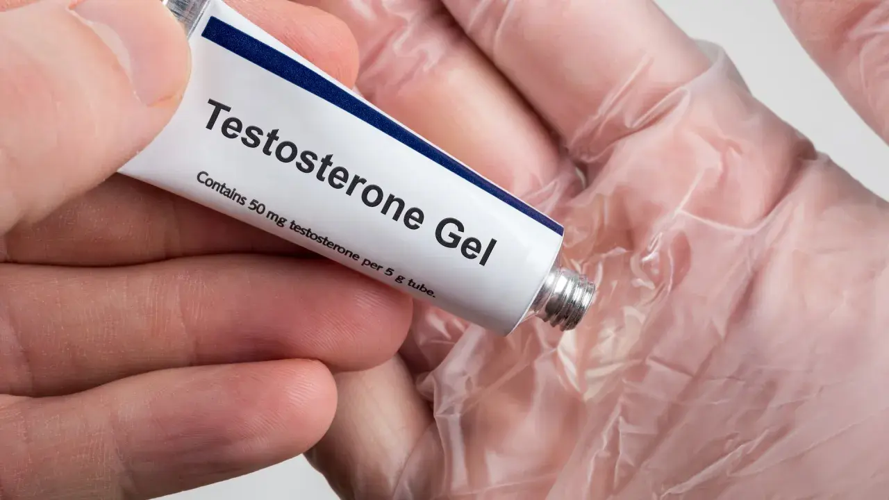 En hand i plasthandske håller en tub med testosterongel. Kan detta vara testosteron receptfritt?