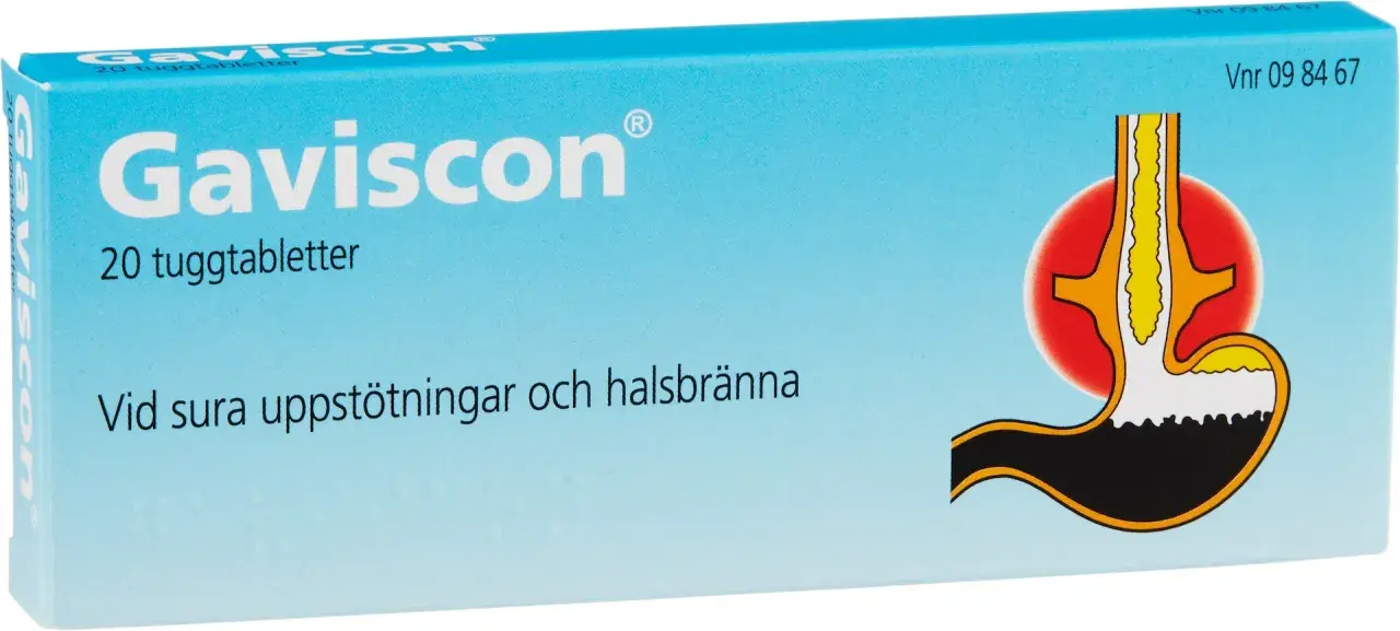 Gaviscon-förpackning med bild av en mage som visar sura uppstötningar. Lindrar sur mage och halsbränna.