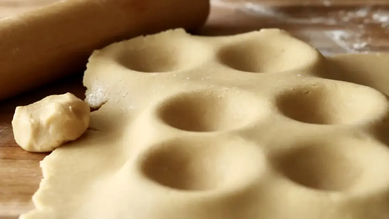 Deggar för mazariner recept. Kavlad deg med fördjupningar och en degbit bredvid en kavel.