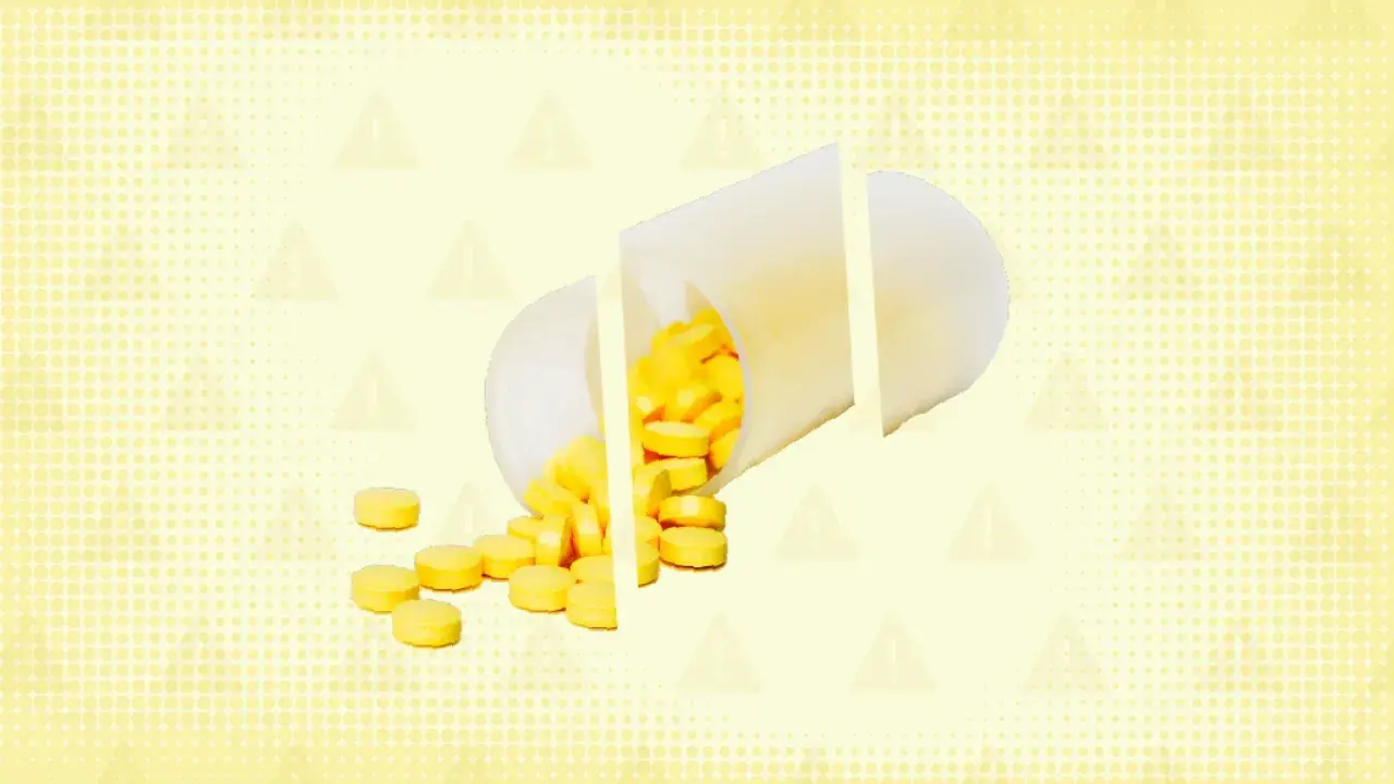 A white pill bottle is cut into pieces, spilling yellow pills onto a yellow background with warning symbols.