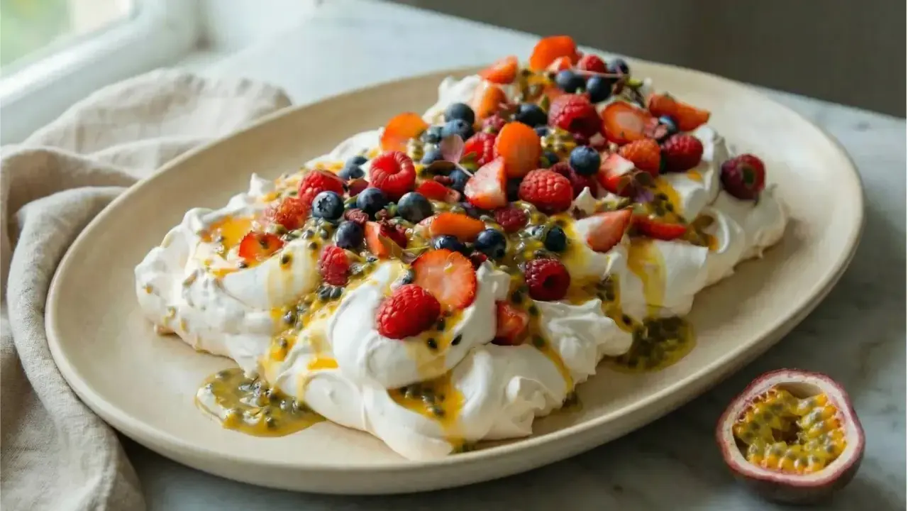 En vacker pavlova med vispgrädde, färska bär och passionsfruktssås. Ett perfekt pavlova recept för sommaren.