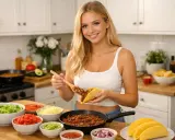 Glad kvinna förbereder tacos med en sked fylld med köttfärs. Runt henne finns skålar med sallad, tomat, ost och lök – allt för ett perfekt tacos recept.