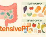 Illustration visar en tarm med glada bakterier och matlistor för low-FODMAP och high-FODMAP, relevant för personer med IBS.