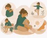 Illustration visar en kvinna med olika besvär, som axelvärk, yrsel och trötthet. Hon försöker balansera, en möjlig hantering av ibs symtom yrsel.