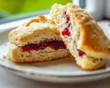 Två fluffiga glutenfria scones med sylt på en vit tallrik. Perfekt för fika.