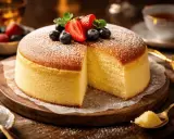 Lätt och fluffig cheesecake, perfekt för ett somrigt cheesecake recept. Toppad med färska bär och pudersocker.