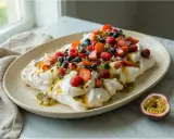 En vacker pavlova med vispgrädde, färska bär och passionsfruktssås. Ett perfekt pavlova recept för sommaren.