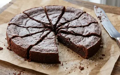 En saftig kladdkaka, pudrad med florsocker, redo att avnjutas. Ett perfekt kladdkaka recept för alla chokladälskare.