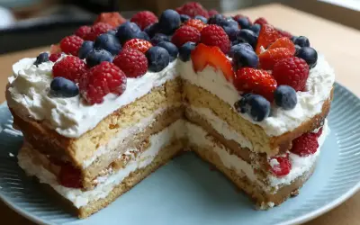 En vacker tårta med lager av fluffig grädde och färska bär, byggd på en saftig glutenfri tårtbotten.