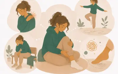 Illustration visar en kvinna med olika besvär, som axelvärk, yrsel och trötthet. Hon försöker balansera, en möjlig hantering av ibs symtom yrsel.