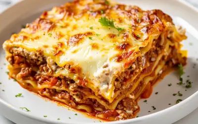 En saftig bit lasagne med köttfärssås och ost, perfekt för ett mysigt middagsrecept.