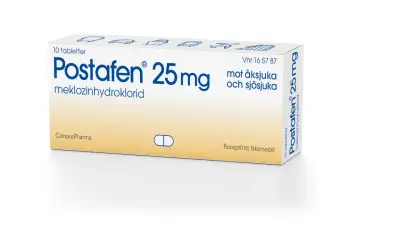 Postafen 25mg, receptfritt medicin mot illamående vid åksjuka och sjösjuka. 10 tabletter.