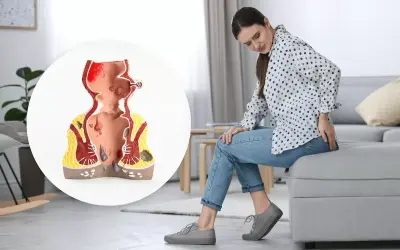 Kvinna med obehag som visar en modell av ändtarmen med hemorrojder och blod.