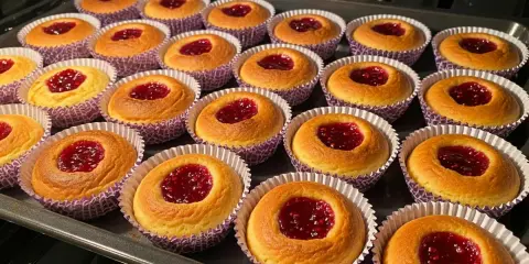 Nybakade hallongrottor i sina lila formar, redo att avnjutas. Ett perfekt hallongrottor recept för fikat.