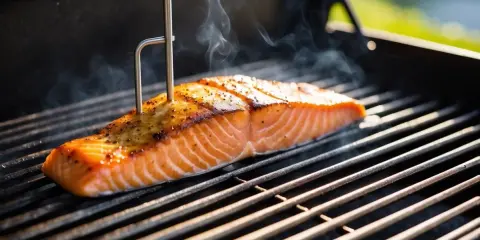 En saftig laxfilé med peppar och örter grillas till perfektion. En termometer mäter lax i ugn temp för att säkerställa att den är klar.