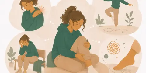 Illustration visar en kvinna med olika besvär, som axelvärk, yrsel och trötthet. Hon försöker balansera, en möjlig hantering av ibs symtom yrsel.