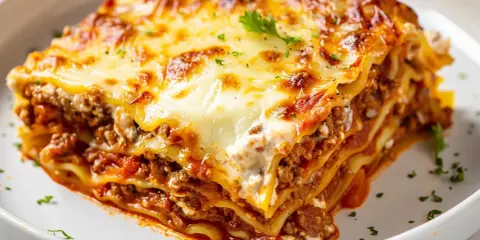 En saftig bit lasagne med köttfärssås och ost, perfekt för ett mysigt middagsrecept.