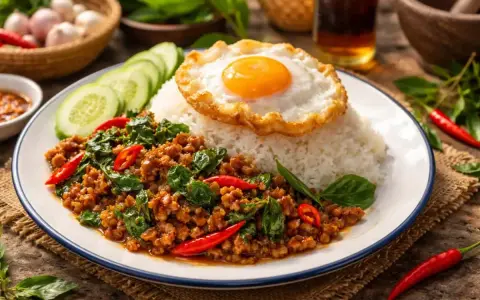 En tallrik med ris, stekt ägg och kryddig pad kra pao med köttfärs, chili och basilika. Serveras med gurkskivor.
