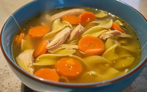 En skål med varm kycklingsoppa med nudlar, morötter och saftiga kycklingbitar. Perfekt för en kall dag.