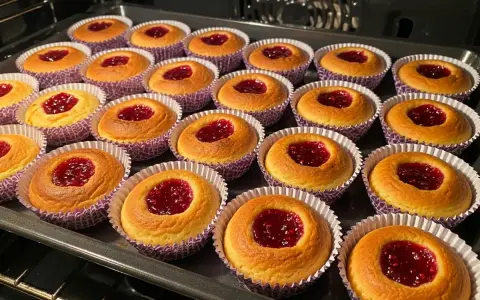 Nybakade hallongrottor i sina lila formar, redo att avnjutas. Ett perfekt hallongrottor recept för fikat.