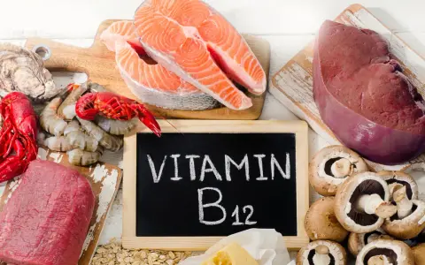 En tavla med texten "VITAMIN B12" omgiven av lax, lever, räkor, ostron, kött och champinjoner.