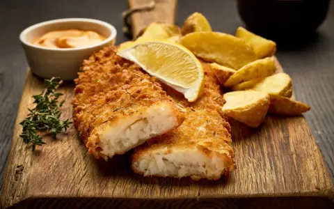 Krispigt panerad fisk med klyftpotatis, citron och en krämig dipp. En klassisk rätt som alltid går hem.