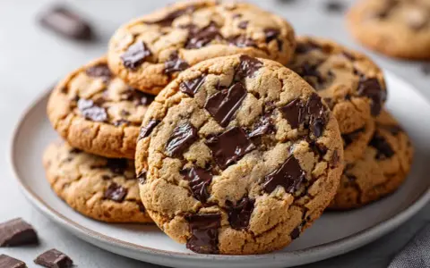 En hög med hembakade chocolate chip cookies, perfekta för ett enkelt recept.